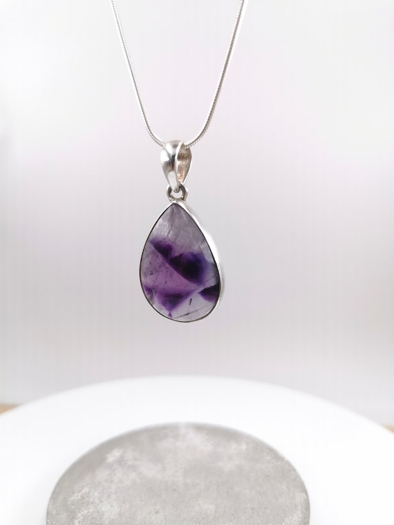 Natural Amethyst Pendant 925 Silver with Dark Purple Fractals