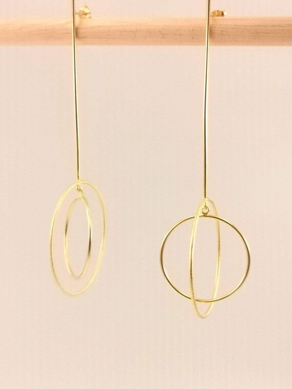 Long Minimalist Circle and Stick Earrings with Motion, 18k Gold Plated 925 Silver, Matte Finish