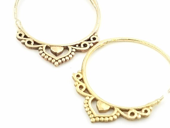 Elegant Brass Boho Hoop Earrings with Oriental Pattern