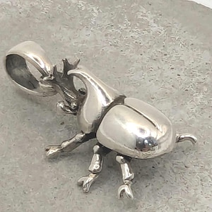 Op de afbeelding: Een hanger van gepolijst zilver in de vorm van een neushoornkever. De insectfiguur heeft een opvallende hoorn, gesegmenteerde poten en een glad, afgerond vleugelschild. Aan de bovenkant van de kop zit een grote, ovale ring voor bevestiging.