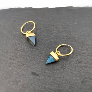 Small Gold Hoops with Triangular Stone Charm, Gold Earrings with Dainty Charm