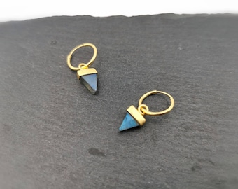 Small Gold Hoops with Triangular Stone Charm, Gold Earrings with Dainty Charm