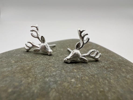 Matte 925 Silver Deer Stud Earrings • Forest Animal Minimalist Jewelry • Handcrafted Fair-Trade Woodland Stag Earrings