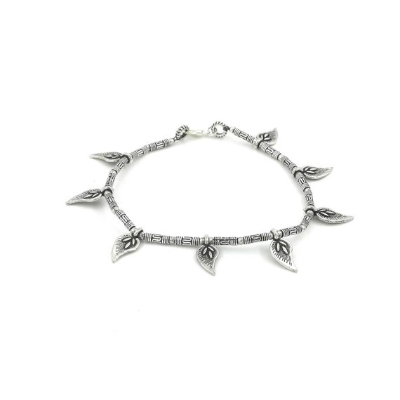 Silver Plated Anklet with Ornamented Leaves, Silver Anklet, Indian Style Anklet