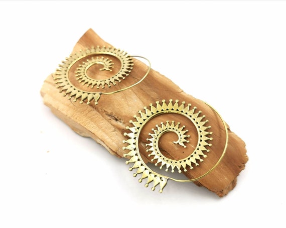 Summer Spiral Boho Earrings with Sun Pattern, Large Boho Spiral Earrings in Brass