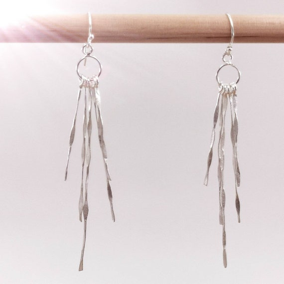 Handmade Fringe Earrings 925 Silver, Long Dangle Earrings Silver