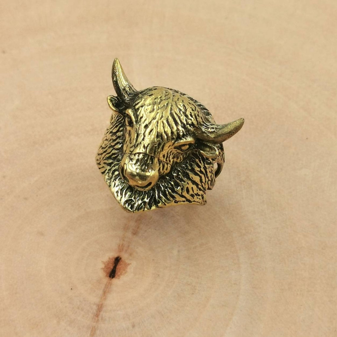 Buffalo Brass Ring Animal Head Ring Golden Men Ring Etsy