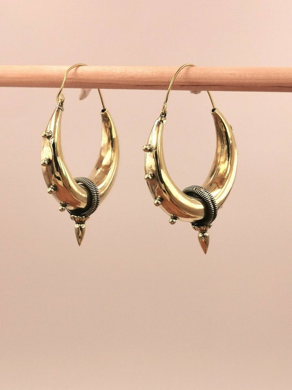 Large Golden Tribal Hoop Earrings, Spike Hoop Earrings