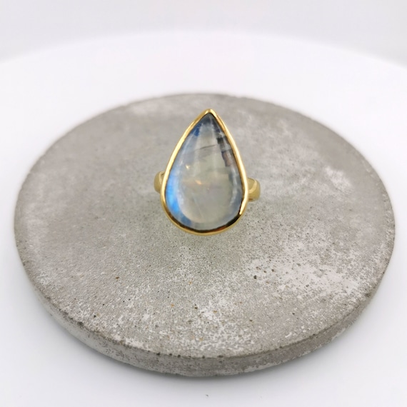 Gold Moonstone Drop Ring, 18K Gold Plated 925 Silver Natural Rainbow Moonstone Ring