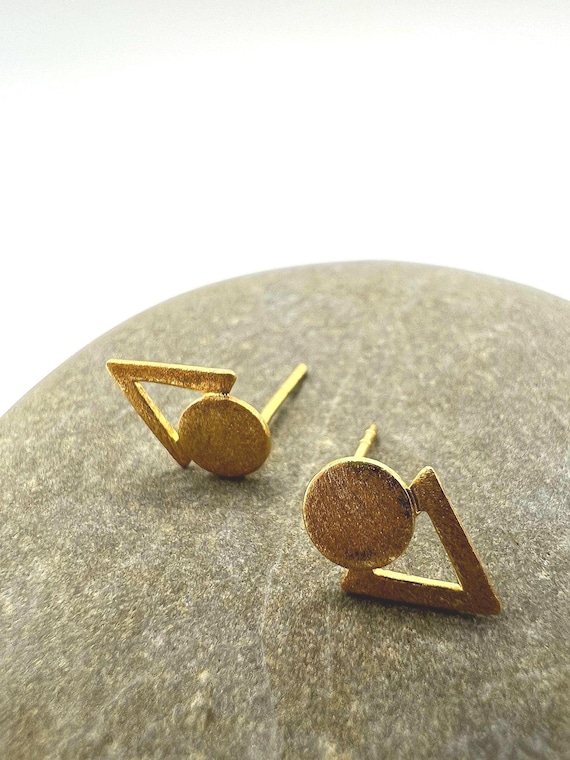 Geometric Triangle Circle Stud Earrings • Minimalist 18K Gold Plated 925 Silver • Matte Modern Shape Studs