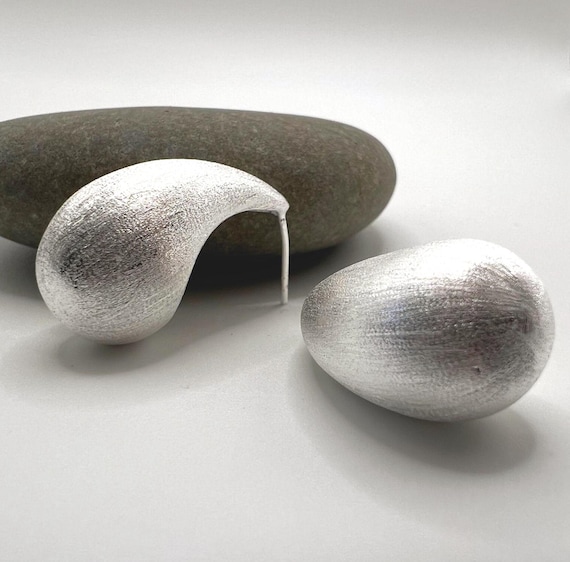 Large Matte Silver Drop Earrings • Heavy 925 Silver Statement Studs • Bold Teardrop Earrings • Sculptural Silver Jewelry