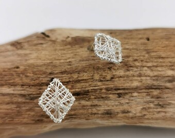 Rhomboid Stud Earrings 925 Silver, Wire Wrapped Studs, Woven Silver Studs