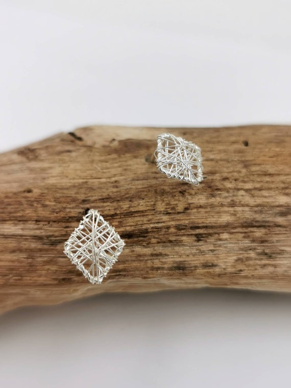 Rhomboid Stud Earrings 925 Silver, Wire Wrapped Studs, Woven Silver Studs