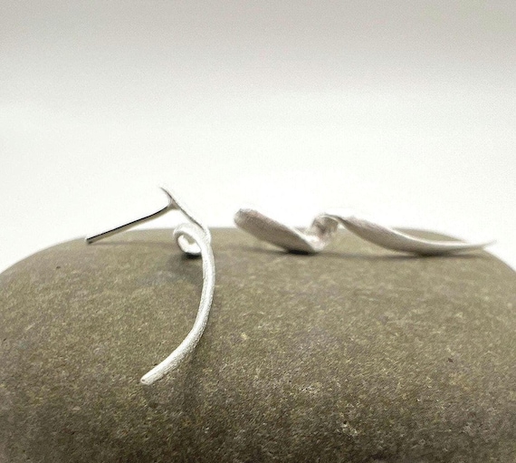 Long Twist Stud Earrings • 925 Silver Matte • Modern Minimalist Wave Ear Climbers