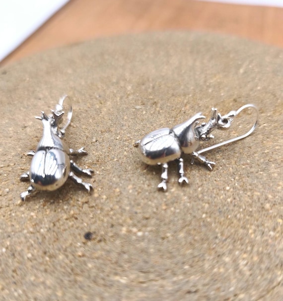 bugs silver earrings  , rhino bugs silver earrings , beetle earrings . insect earrings