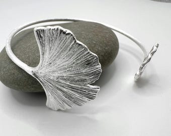 Ginkgo Leaf Bracelet 925 Silver • Matte Botanical Cuff • Adjustable Nature Jewelry
