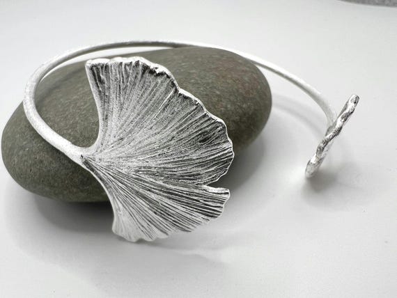 Ginkgo Leaf Bracelet 925 Silver • Matte Botanical Cuff • Adjustable Nature Jewelry