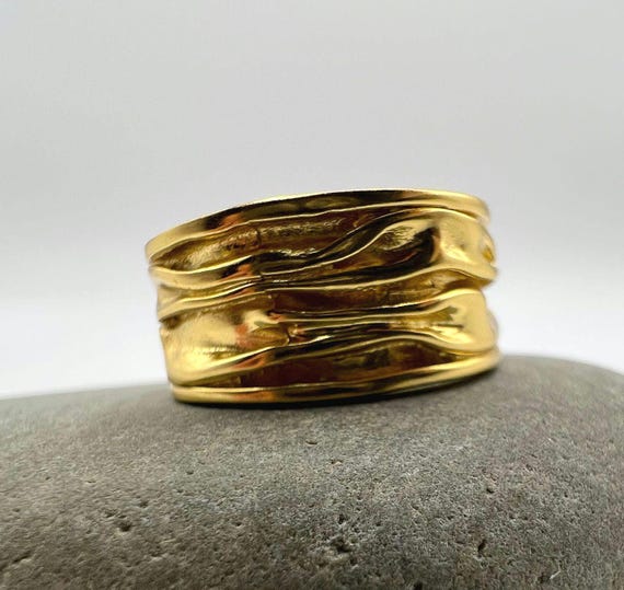 Wrinkled Texture Ring in Matte 18k Gold Plated 925 Silver – Wide Organic Band