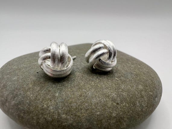 Matte Silver Knot Stud Earrings • 925 Sterling Silver Knot Design • Minimalist Textured Studs