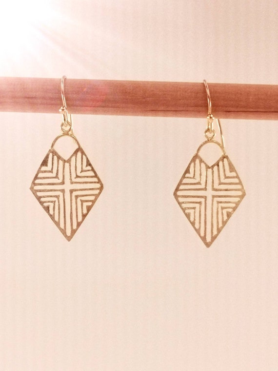 Tribal Rhombus Gold Earrings, 18k Gold Plated Tribal Earrings