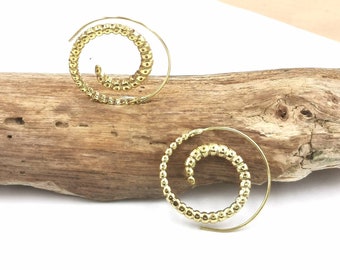 Vintage Boho Spiral Earrings Brass Medium Size, Larva Pattern