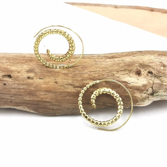 Vintage Boho Spiral Earrings Brass Medium Size, Larva Pattern