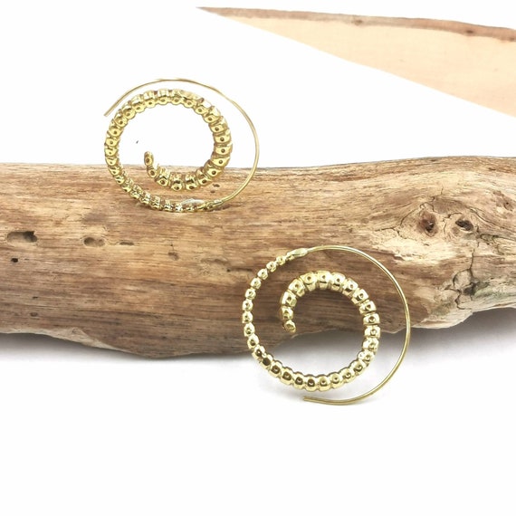 Vintage Boho Spiral Earrings Brass Medium Size, Larva Pattern