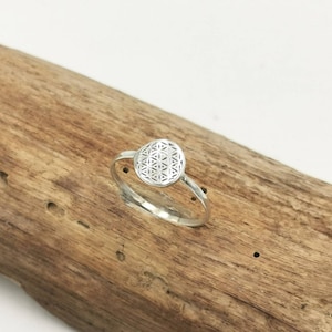 Könnte beinhalten: Ein silberner Ring mit einem runden, geometrischen Design. Das Design ist ein Lebensblume-Muster.