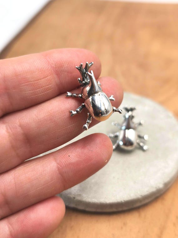 Rhino Beetle Stud Earrings in Oxidized solid 92.5 Silver, Rhinoceros Beetle Earrings, Blackened Silver Bug Studs, Nature Insect Jewelry