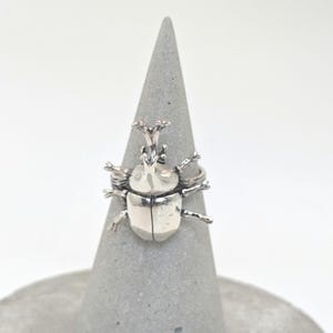 May include: A silver-colored ring in the shape of a beetle, displayed on a gray concrete cone. The ring features detailed insect anatomy, including antennae and legs. The ring is a unique piece of jewelry.