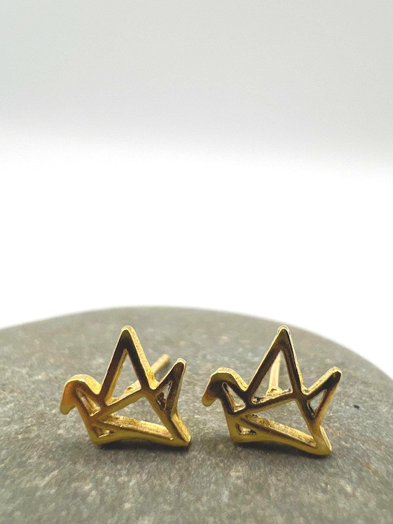 Origami Bird Stud Earrings • 18K Gold Plated 925 Silver • Minimalist Geometric Earrings • Small Gold Studs