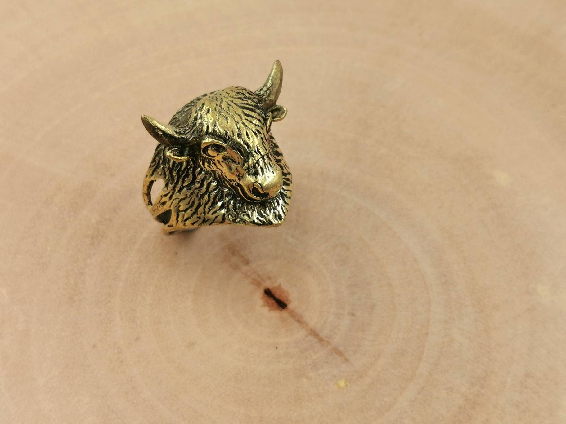 Buffalo Brass Ring Animal Head Ring Golden Men Ring Etsy
