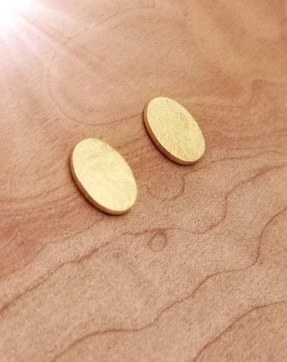 Oval Gold Studs with Matte Finish, Plain 18k Gold Plated 925 Silver Studs