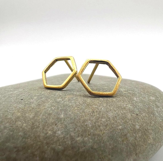 Matte Hexagon Stud Earrings • 18K Gold Plated 925 Silver • Minimalist Geometric Jewelry