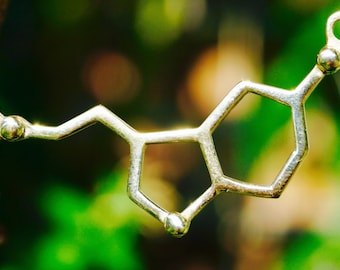 Serotonin molekylstruktur halsband, molekylhänge i mässing och silverbeläggning