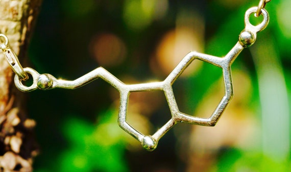 Serotonine Molecular Structure Necklace, Molecule Pendant in Brass and Silver Coated