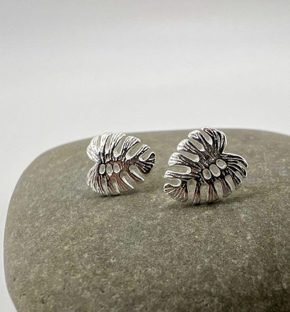 Matte Monstera Leaf Studs – 925 Sterling Silver Botanical Earrings