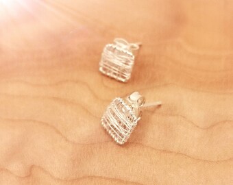 Square Stud Earrings 925 Silver, Wire Wrapped Studs