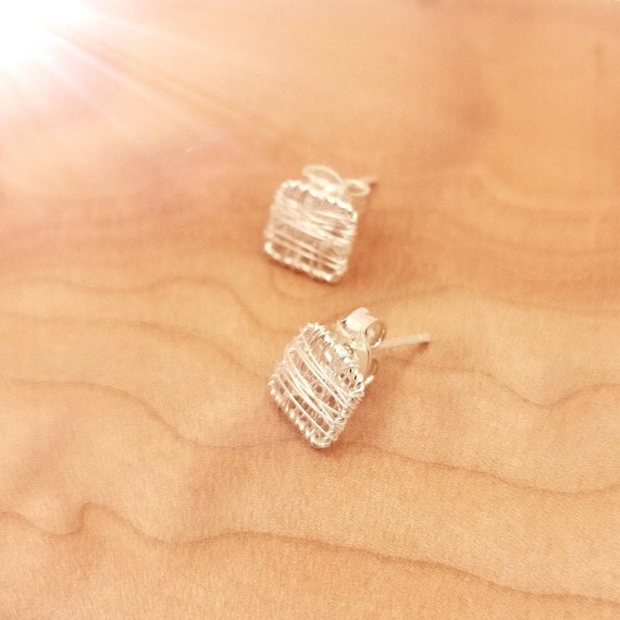 Square Stud Earrings 925 Silver, Wire Wrapped Studs