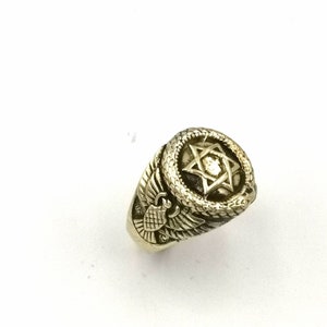 Golden Fraternity Ring with Ouroboros and Star of David, Signet Ring Brass