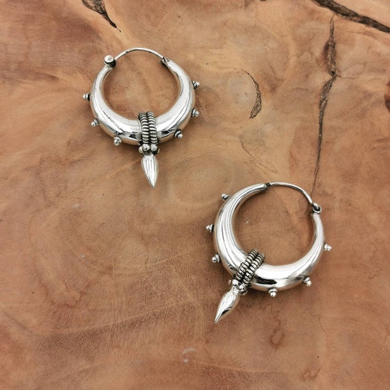 Tribal Hoop Earrings 925 Silver, Spike Hoop Earrings