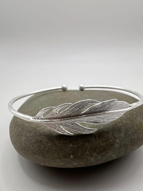 Feather Bracelet 925 Silver • Matte Finish Adjustable Bangle