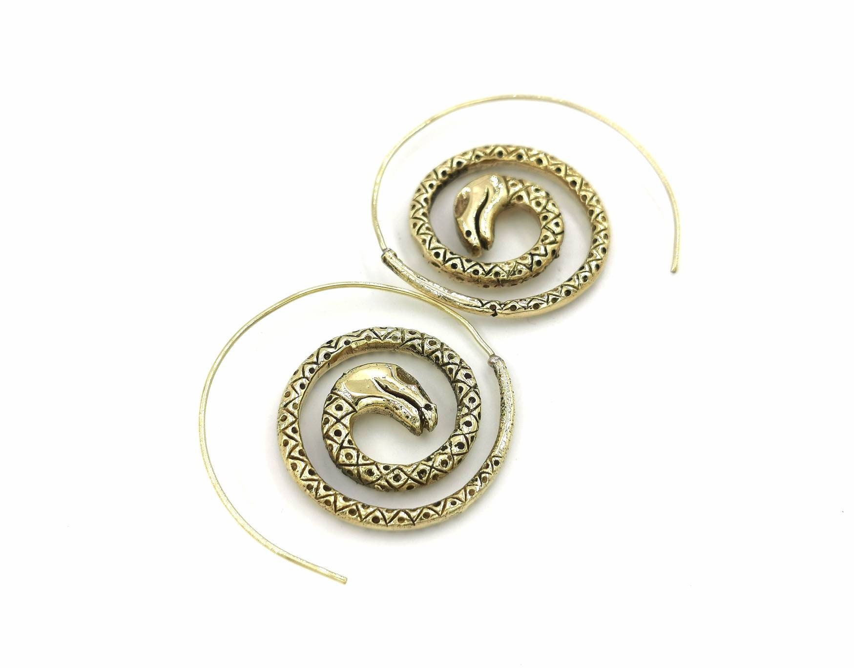 Curled Snake Spiral Earrings Brass, Boho Snake Earrings