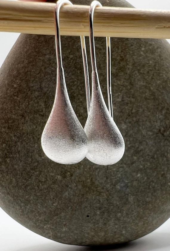 Large Teardrop Hook Earrings 925 Silver Matte Finish | Long Drop Minimalist Statement Jewelry