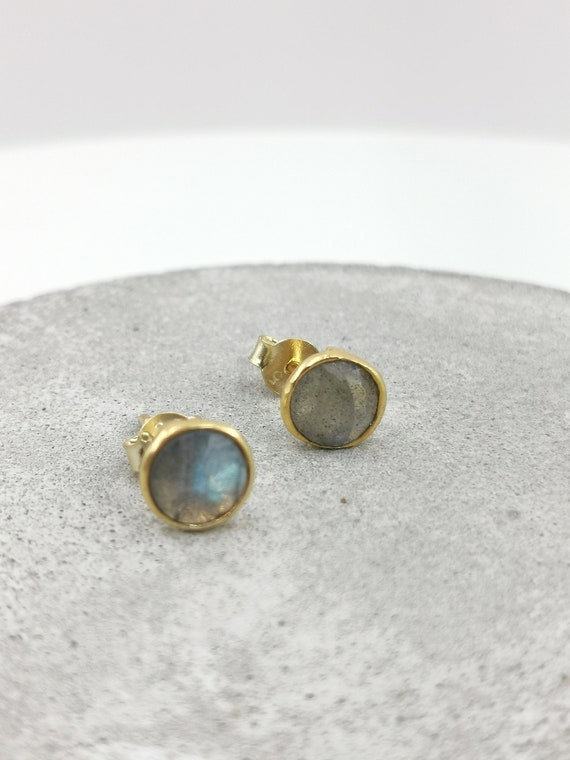 Round Labradorite Studs, 18k Gold Plated 925 Silver Labradorite Stud Earrings