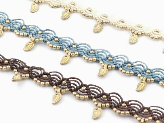 Macrame Anklet "Leaf" with Brass Beads in Different Colors