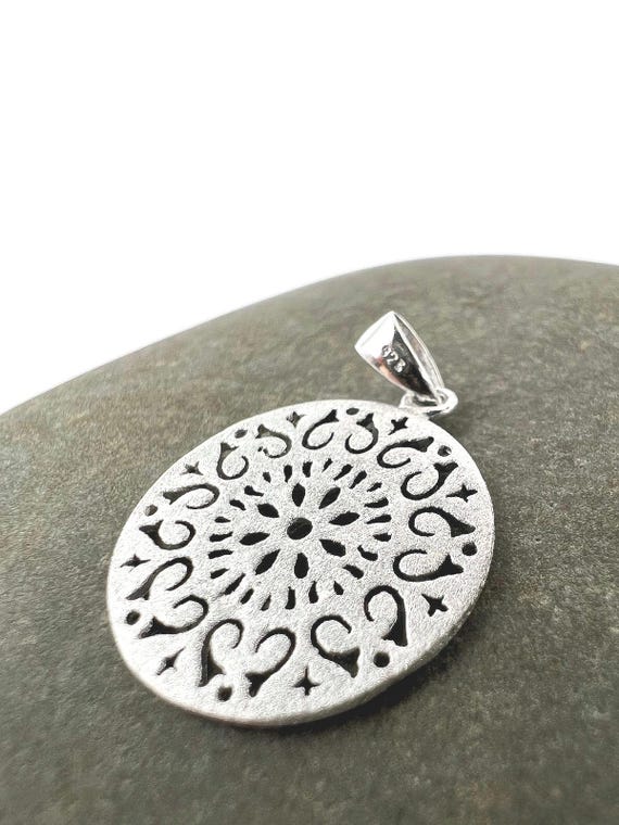925 Silver Mandala Pendant • Matte Sterling Silver Charm • Cutout Heart Pendant • Minimalist Silver Necklace Charm • Boho Jewelry Gift