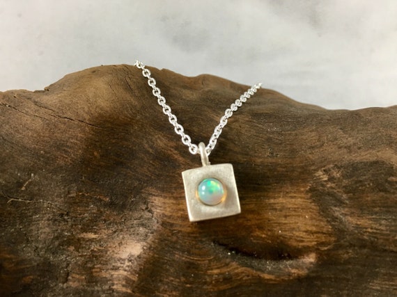 Square Geometric Necklace with Opal or Rainbow Moonstone