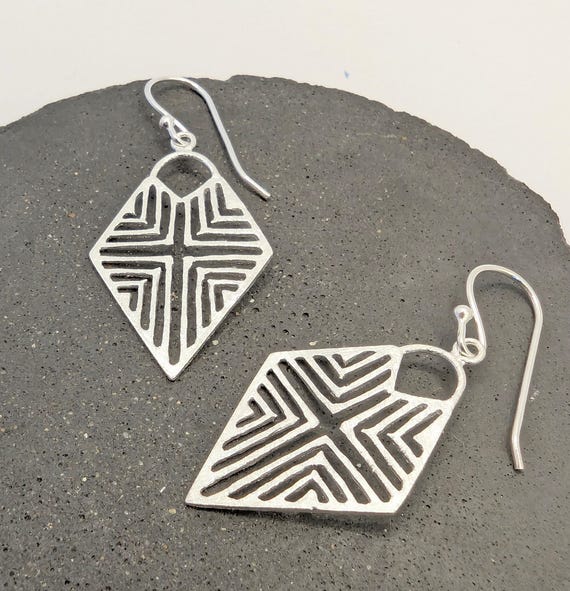 Tribal Rhombus Earrings 925 Silver, Tribal Cross Silver Earrings