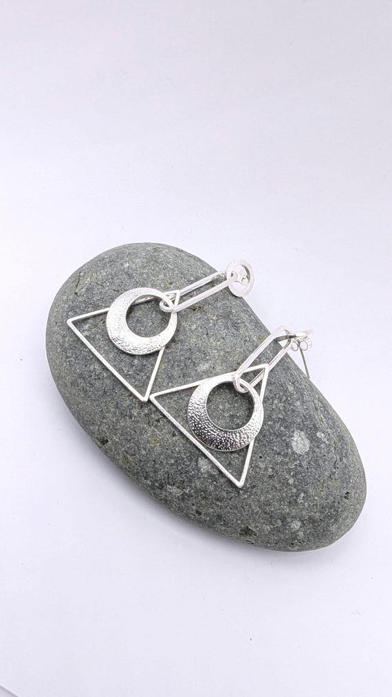 925 Sterling Silver Geometric Dangle Earrings | Mixed Texture | Circle Triangle Bar | Hammered Matte Finish | Modern Architectural Jewelry